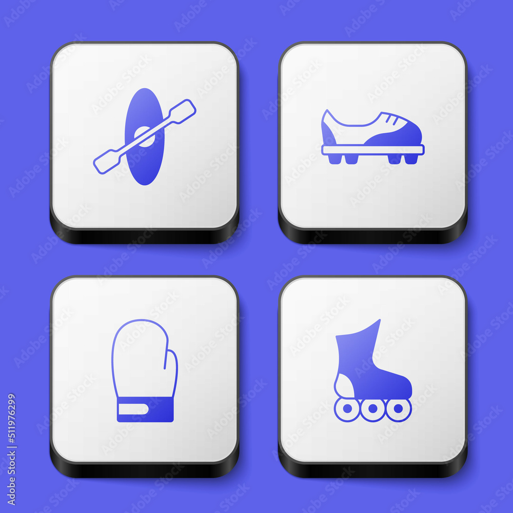 Set Kayak and paddle, Football shoes, Boxing glove and Roller skate icon. White square button. Vector