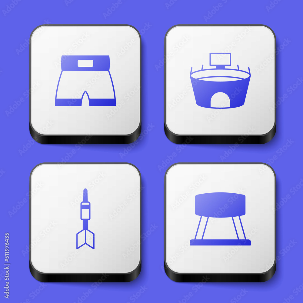 Set Boxing short, Stadium, Dart arrow and Pommel horse icon. White square button. Vector Set Boxing short, Stadium, Dart arrow and Pommel horse icon. White square button. Vector