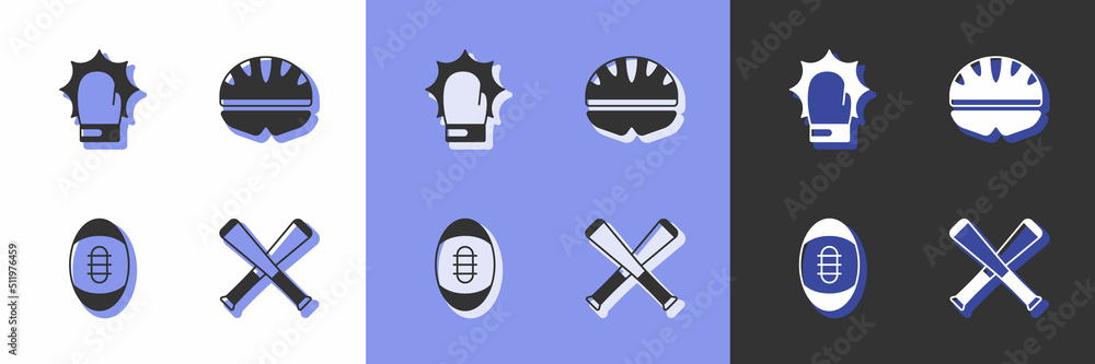 Set Crossed baseball bat, Punch in boxing gloves, American Football and Bicycle helmet icon. Vector Set Crossed baseball bat, Punch in boxing gloves, American Football and Bicycle helmet icon. Vector