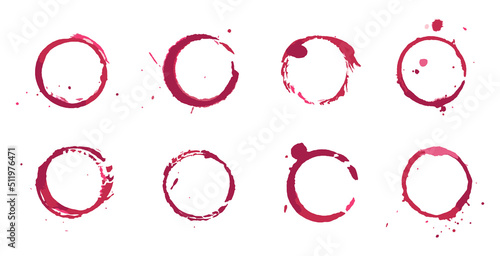 Cup trace ink stain drink spill smudge flat set. Spilled alcohol juice wine dirty print stained glass bottom container colour liquid grunge circle logo sticker scrapbook mocap spot pink mark isolated