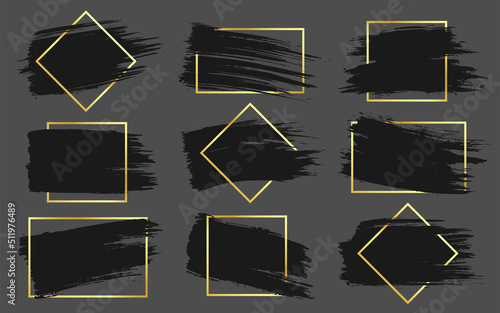 Wide ink stroke gold frame rich logo flat set. Dry texture bristle paper sponge print graffiti grunge ink blot stamp smeared crossed out chaotic paint smear background txt abstract shape isolated