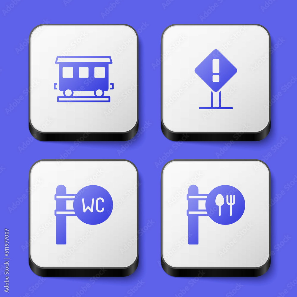 Set Passenger train cars, Exclamation mark square, Toilet and Cafe and restaurant location icon. White square button. Vector Set Passenger train cars, Exclamation mark square, Toilet and Cafe and restaurant location icon. White square button. Vector