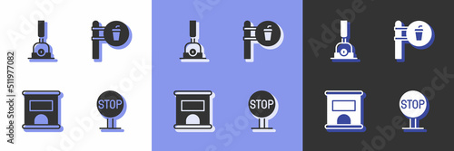 Set Stop sign, Arrow for switching the railway, Ticket office buy tickets and Cafe and restaurant location icon. Vector