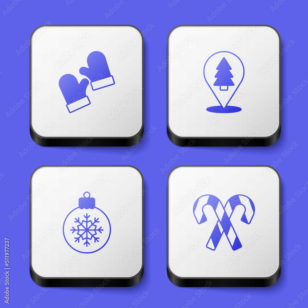 Set Christmas mittens, tree, ball and Candy cane with stripes icon. White square button. Vector Set Christmas mittens, tree, ball and Candy cane with stripes icon. White square button. Vector