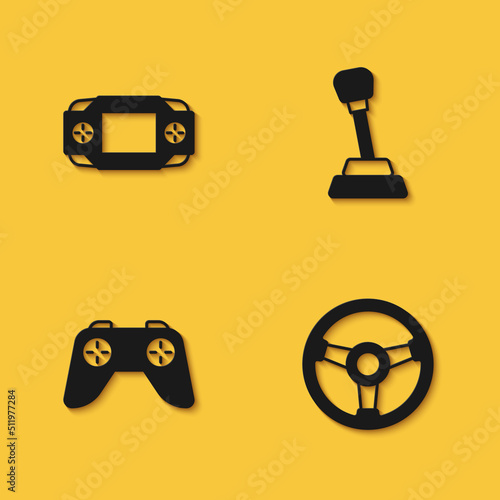 Set Portable video game console, Racing simulator, Game controller joystick and Gear shifter icon with long shadow. Vector