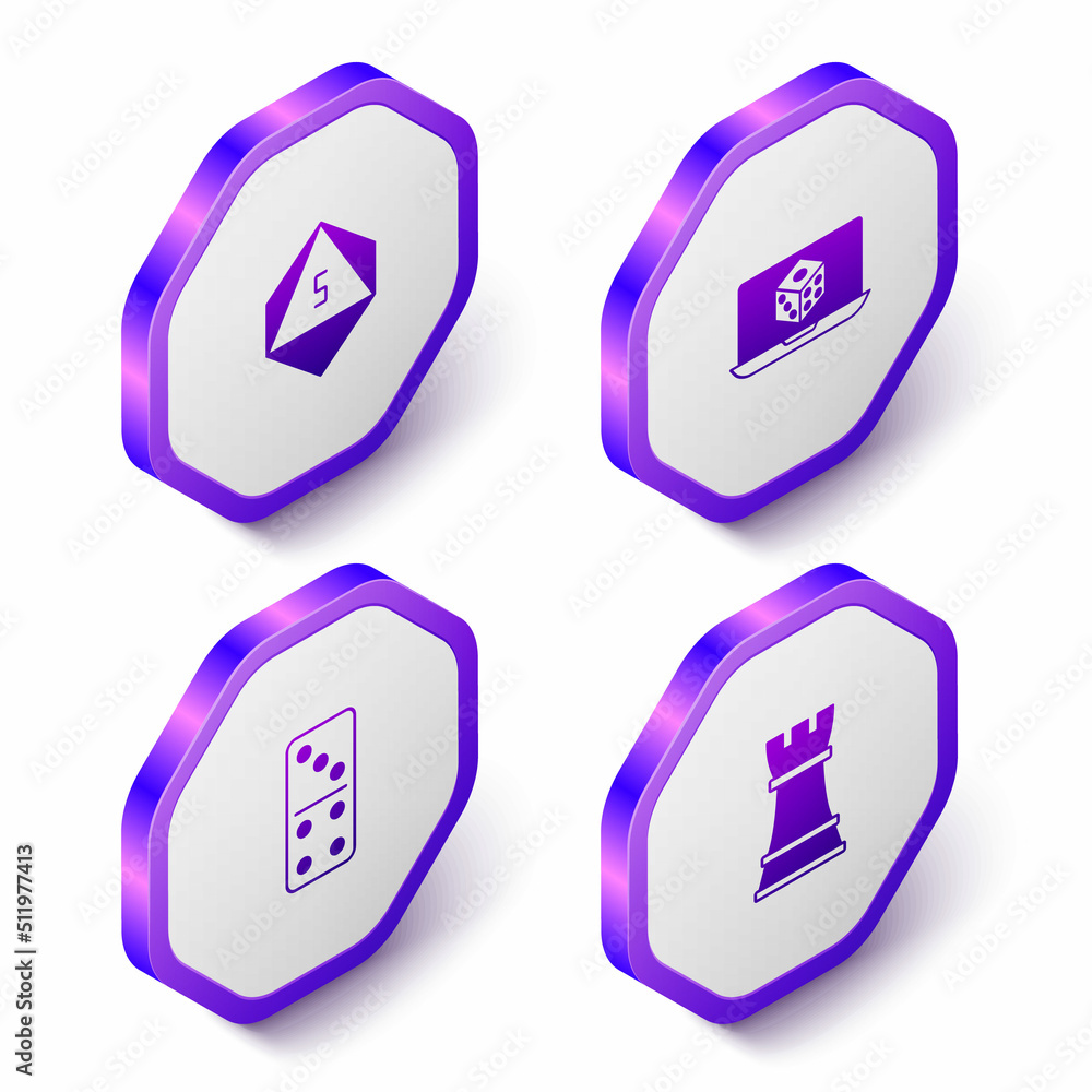 Set Isometric Game dice, Domino and Chess icon. Purple hexagon button. Vector