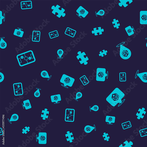 Set Air hockey table, Game dice, Puzzle pieces toy and on seamless pattern. Vector