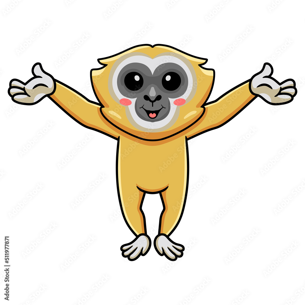 Fototapeta premium Cute little gibbon cartoon raising hands