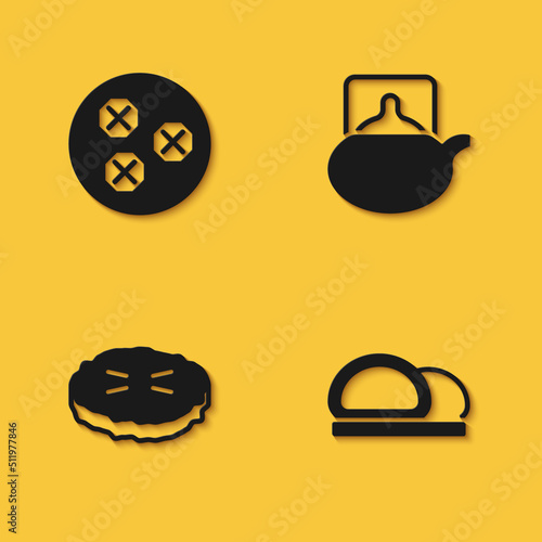 Set Wonton, Sushi, Homemade pie and Traditional tea ceremony icon with long shadow. Vector