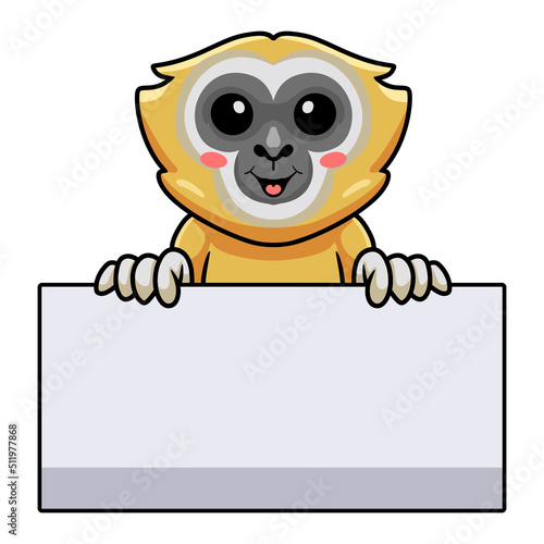 Cute little gibbon cartoon with blank sign