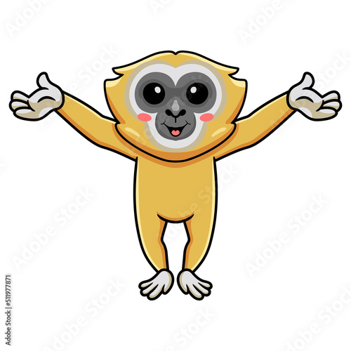 Cute little gibbon cartoon raising hands