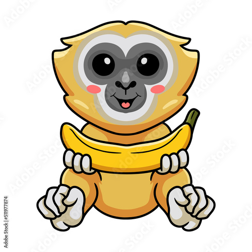Cute little gibbon cartoon holding a banana