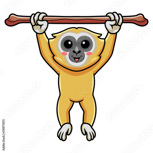 Cute little gibbon cartoon hanging on tree