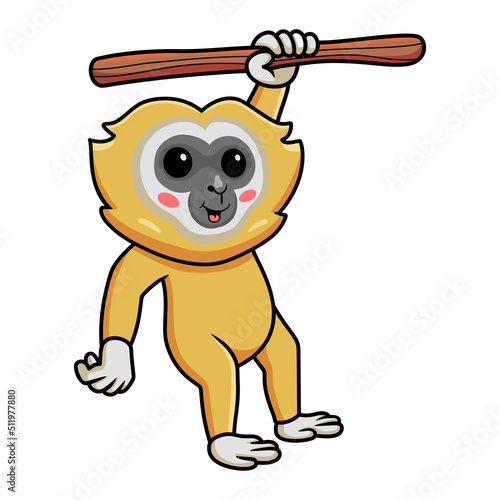 Cute little gibbon cartoon hanging on tree
