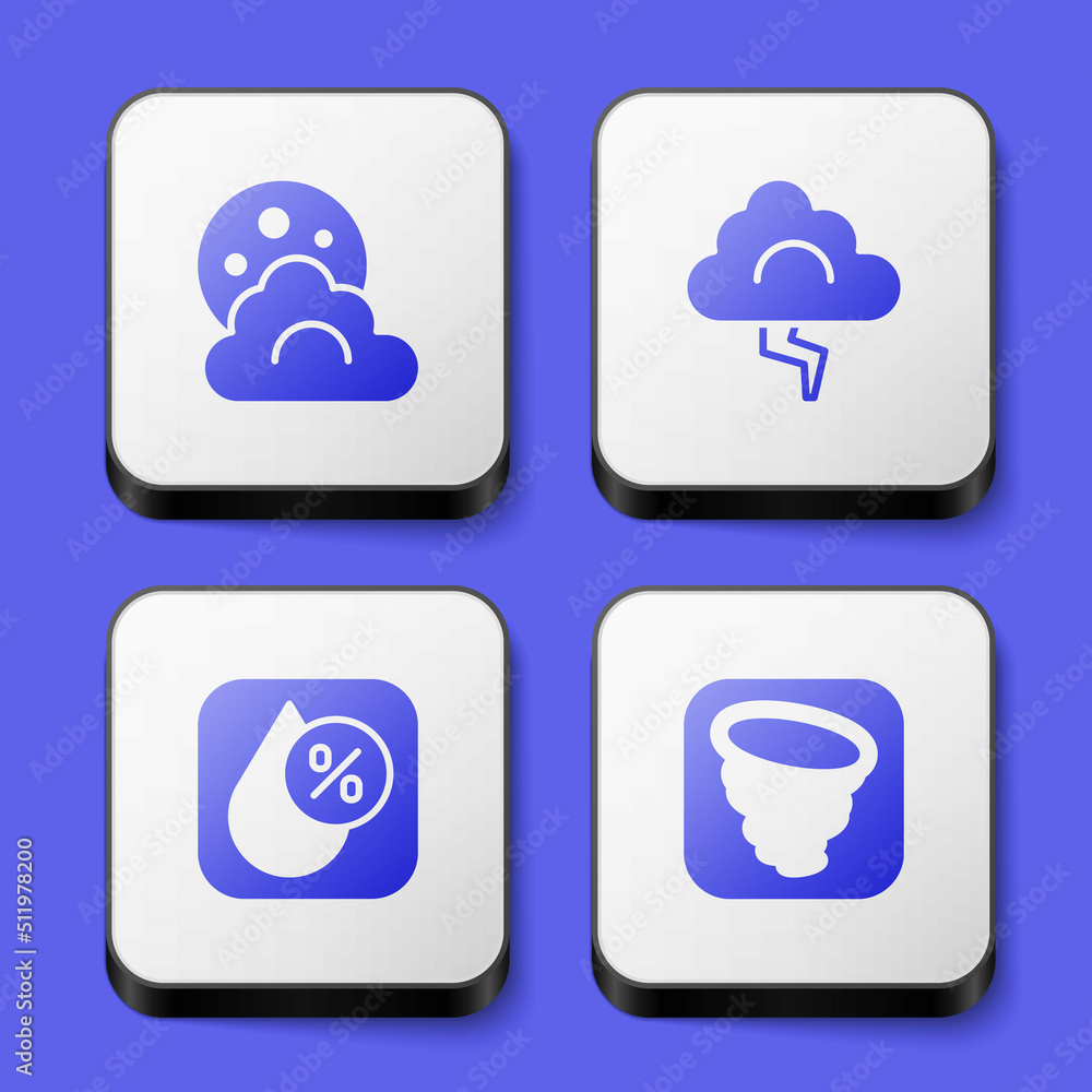 Set Cloud with moon, and lightning, Water drop percentage and Tornado icon. White square button. Vector
