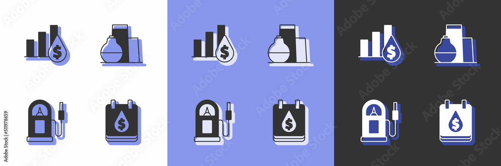 Set Oil drop with dollar symbol, Pie chart and, Petrol or gas station and tank storage icon. Vector Set Oil drop with dollar symbol, Pie chart and, Petrol or gas station and tank storage icon. Vector
