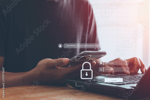Concept of cyber security in two-step verification, multi-factor authentication, information security, encryption, secure access to user's personal information, secure Internet access, cybersecurity. photo