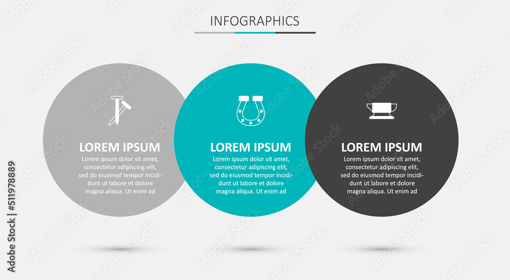 Set Horseshoe, Metallic nails and Blacksmith anvil tool. Business infographic template. Vector