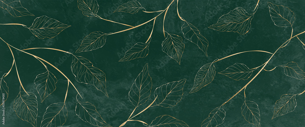 Luxury watercolor background with golden branches and leaves in line art style. Botanical abstract green wallpaper for banner design, textile, print, decor. - obrazy, fototapety, plakaty 