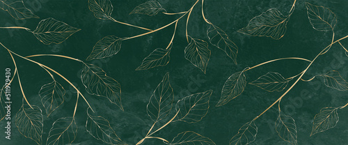 Luxury watercolor background with golden branches and leaves in line art style. Botanical abstract green wallpaper for banner design, textile, print, decor.