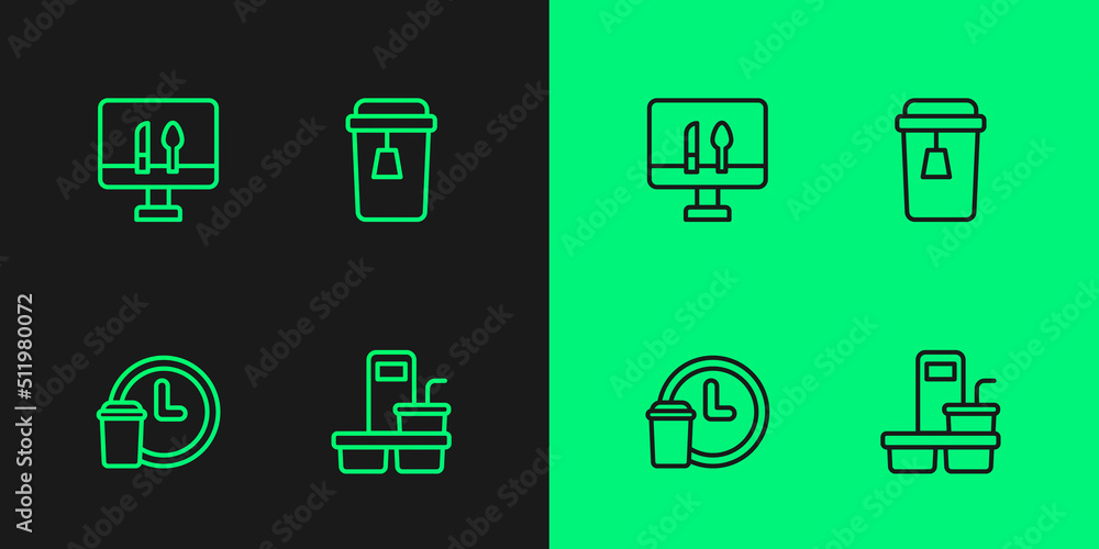 Set line Coffee cup to go, Round the clock delivery, Online ordering food and Cup tea icon. Vector Set line Coffee cup to go, Round the clock delivery, Online ordering food and Cup tea icon. Vector