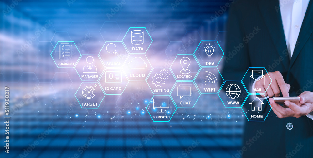 Obraz premium Hands of business man use mobile phone connect social media with internet. close up businessman working with smart phone in office with virtual icon diagram. Hands touch phone social media concept