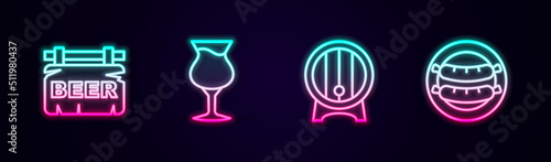 Set line Street signboard with Beer, Glass of beer, Wooden barrel on rack and Sausage. Glowing neon icon. Vector