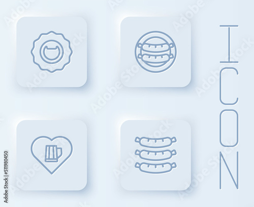 Set line Bottle opener, Sausage, Heart with glass of beer and . White square button. Vector