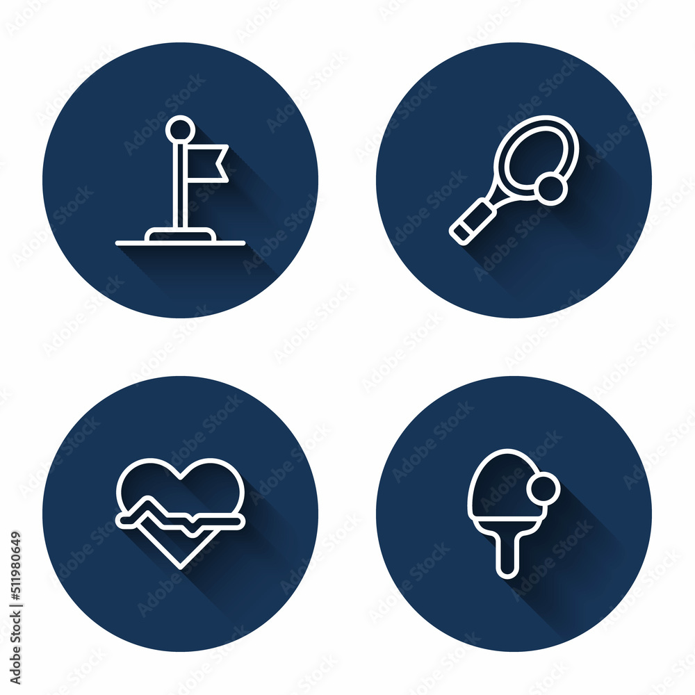 Set line Flag, Tennis racket with ball, Heart rate and Racket with long shadow. Blue circle button. Vector Set line Flag, Tennis racket with ball, Heart rate and Racket with long shadow. Blue circle button. Vector