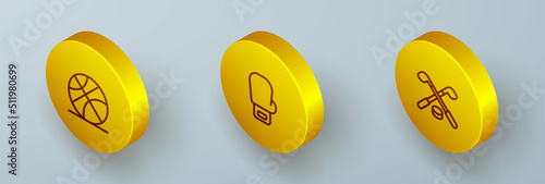 Set Isometric line Basketball ball, Boxing glove and Ice hockey sticks and puck icon. Vector