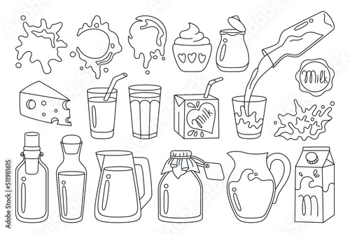 Milk food doodle set. Farm foodstuff cheese and yogurt, drink in glass, jug, bottle or carton package line design. White pouring milk splashes drops drip. Natural dairy products graphic element