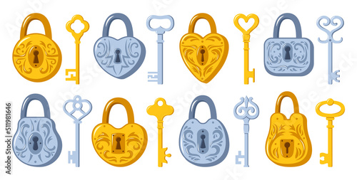 Lock and Key cartoon vintage icon set. Old padlock for safety and security protection design element. Private access symbol various shapes keys and locks sign locking privacy vector