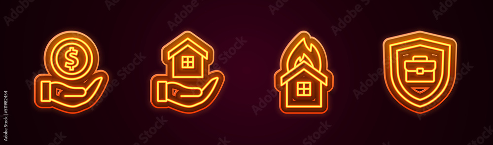 Set line Money with shield, House in hand, Fire burning house and Briefcase. Glowing neon icon. Vector Set line Money with shield, House in hand, Fire burning house and Briefcase. Glowing neon icon. Vector
