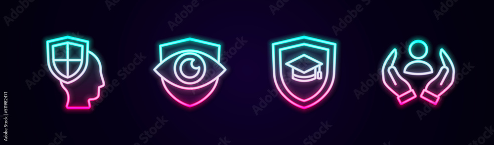 Set line Life insurance with shield, Shield and eye, Graduation cap and . Glowing neon icon. Vector Set line Life insurance with shield, Shield and eye, Graduation cap and . Glowing neon icon. Vector