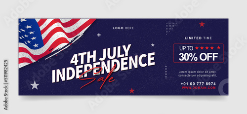 happy independence day sale facebook or web ad banner template. 4th july offer banners with flag, blue background design