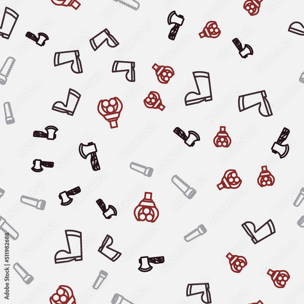 Set line Wooden axe, Waterproof rubber boot, Hand saw and Grapple crane grabbed log on seamless pattern. Vector Set line Wooden axe, Waterproof rubber boot, Hand saw and Grapple crane grabbed log on seamless pattern. Vector