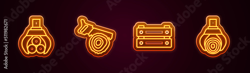 Set line Grapple crane grabbed a log, Hand saw and, Wooden box and . Glowing neon icon. Vector