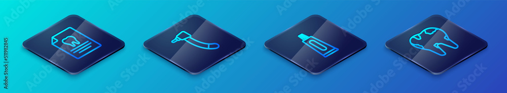 Set Isometric line Tube of toothpaste, Clipboard with dental card, Broken and Tooth drill icon. Vector Set Isometric line Tube of toothpaste, Clipboard with dental card, Broken and Tooth drill icon. Vector