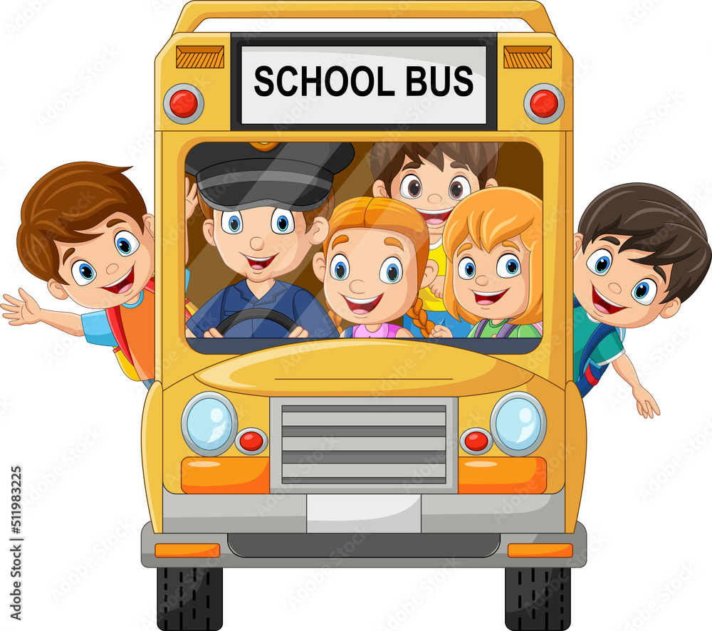 Happy children on school bus Stock Vector | Adobe Stock