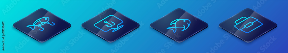Set Isometric line Fish, Fishing lure, Case or box for fishing and hook icon. Vector Set Isometric line Fish, Fishing lure, Case or box for fishing and hook icon. Vector