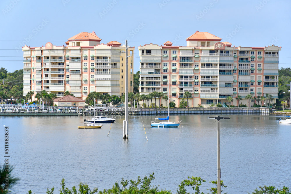 Boats and condos along the riverfront near Cocoa Village in Brevard County, Florida. 