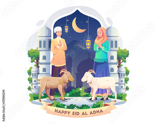 Muslim couple saying happy eid al Adha. People celebrate the Festival of the Sacrifice Qurban with goats. Vector illustration in flat style