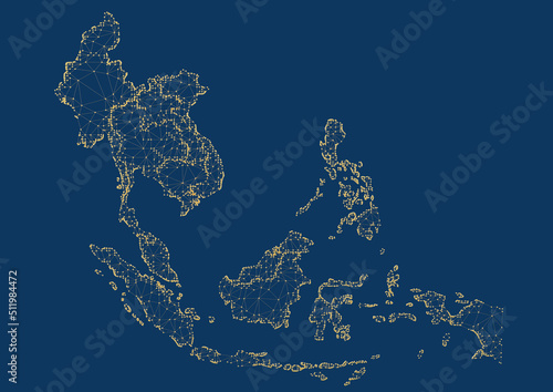 Abstract mash line and point with map of southeast asia polygonal network line 3d render