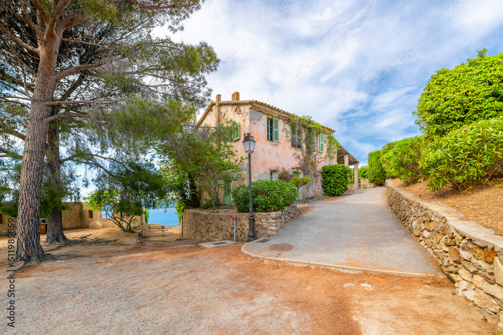 A picturesque historic building once used as a hospital at the Citadel of Saint-Tropez, France, in the hills of the French Riviera.