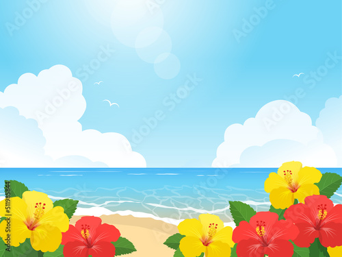 ハイビスカスと海の風景_ベクターイラスト