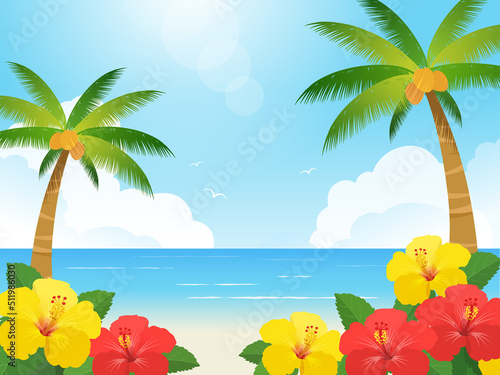 ハイビスカスとヤシの木と海の風景_ベクターイラスト