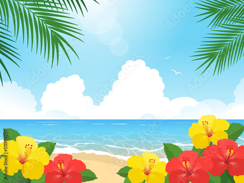 ハイビスカスと海の風景_ベクターイラスト