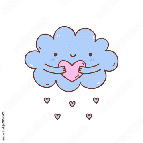 Cute cloud hugging a heart isolated on white background. Vector hand-drawn illustration in kawaii style. Perfect for cards, print, t-shirt, poster, nursery decor, logo. Cartoon character.