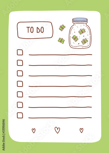 To do list template decorated by jar with butterflies. Cute design of schedule, daily planner or checklist. Vector hand-drawn illustration. Perfect for planning, notes and self-organization.