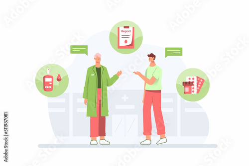 Diabetes concept with doctor giving advice to patient in flat design